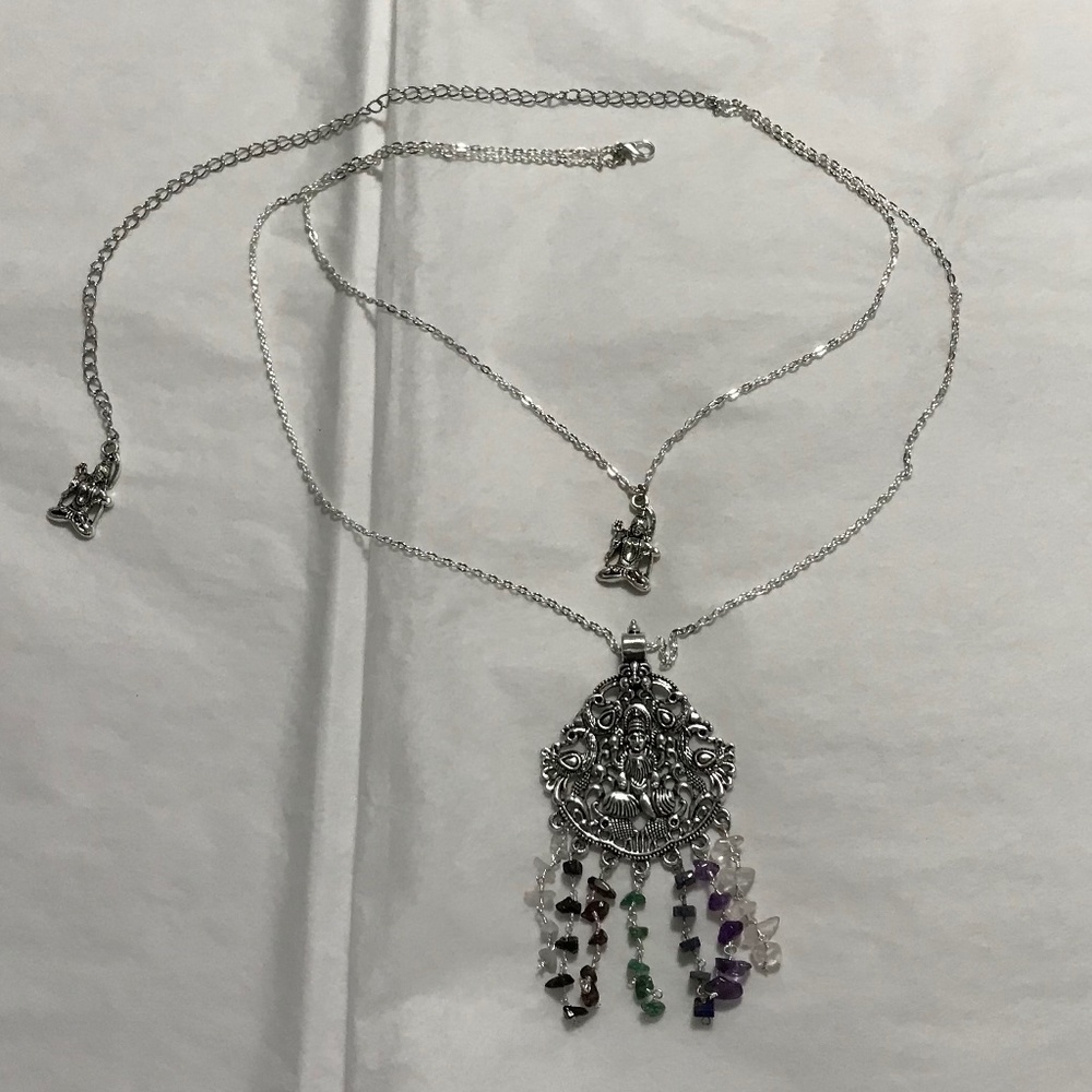 Dancing Shiva Handmade 2-Layer Boho Hindu Silver Necklace Rainbow Chakra Stones - Picture 11 of 16